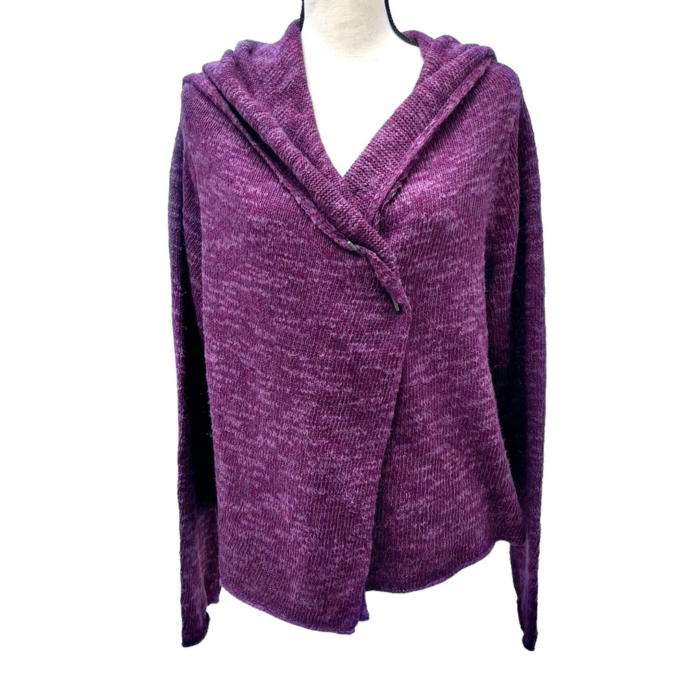 EILEEN FISHER PURPLE LINEN COTTON SILK BLEND HOODED CROPPED CARDIGAN SWEATER